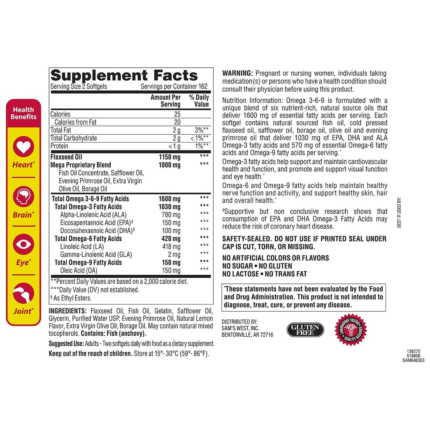 Member's Mark Omega 3, 6, 9 Dietary Supplement 1600 Mg, Soft Gels, 325Count