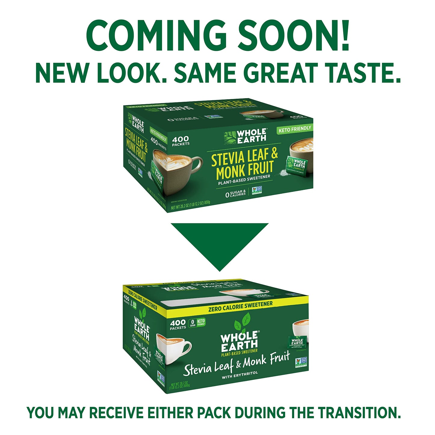 WHOLE EARTH Stevia & Monk Fruit Plant-based Sweetener, 400 Count (Pack of 1)