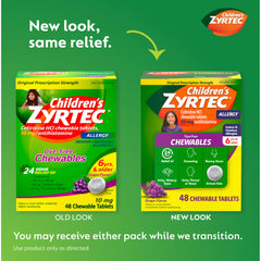 Zyrtec Children's Dye-Free Chewables for 24 Hour Allergy Relief, 10 mg Cetirizine Hydrochloride Antihistamine Tablets, Kids Allergy Medicine Relieves Sneezing & Itchy Throat, Grape, 48 ct