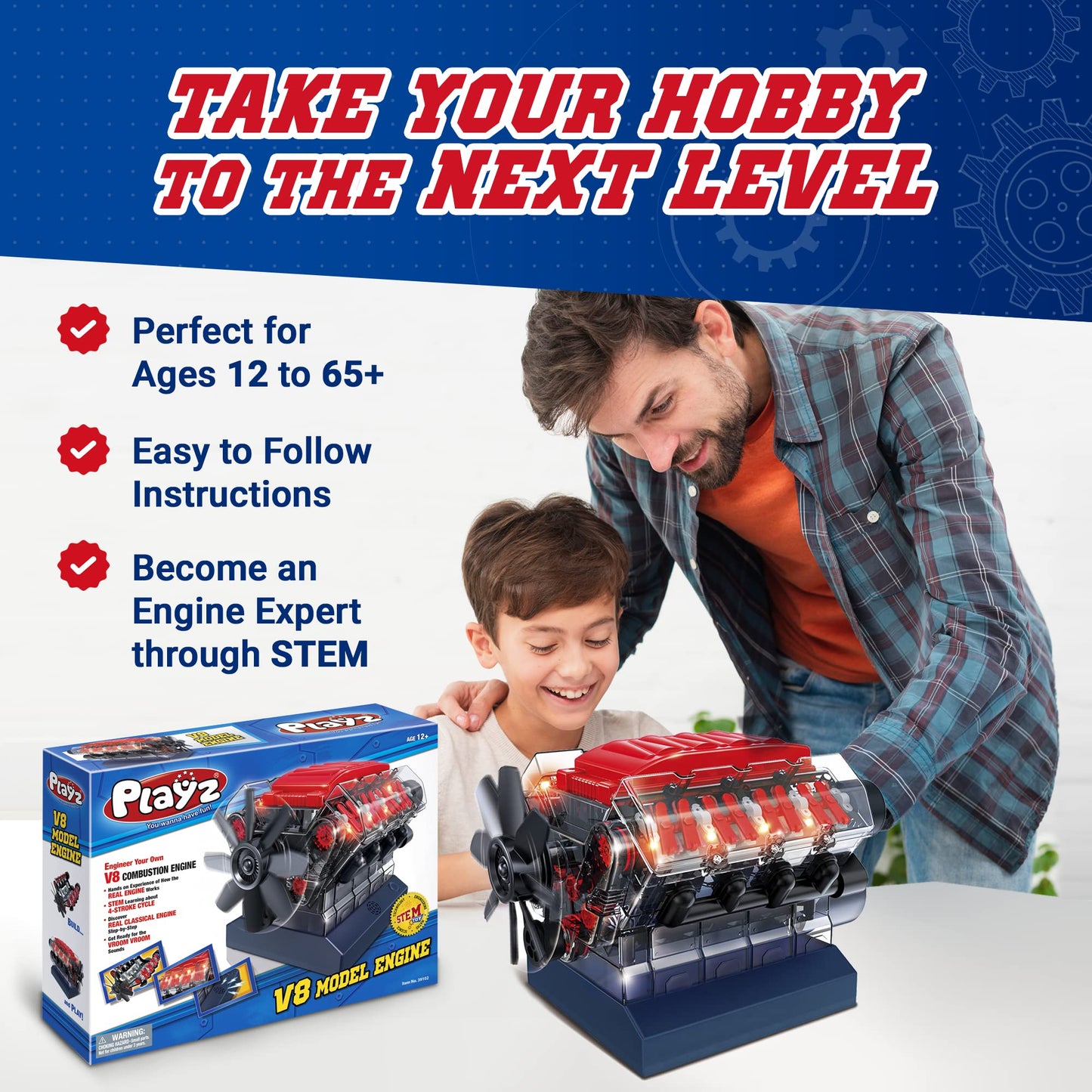 Playz V8 Combustion Engine Model Kit That Runs - Build Your Own STEM Mini V8 Model Engine Kit for Adults & Kids Age 12+, Visible V8 Mini Engine Kit That Works for Adult w/ 270 STEM Parts