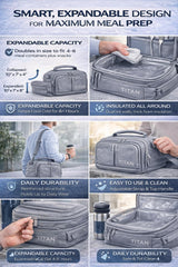 Titan by Arctic Zone Expandable Lunch Box  Insulated, Crush-Resistant Cooler with 2 Ice Walls & Leak-Proof Lining  Meal Prep Bag with Strap & Container for Work & Travel | Black (Pale Frost)