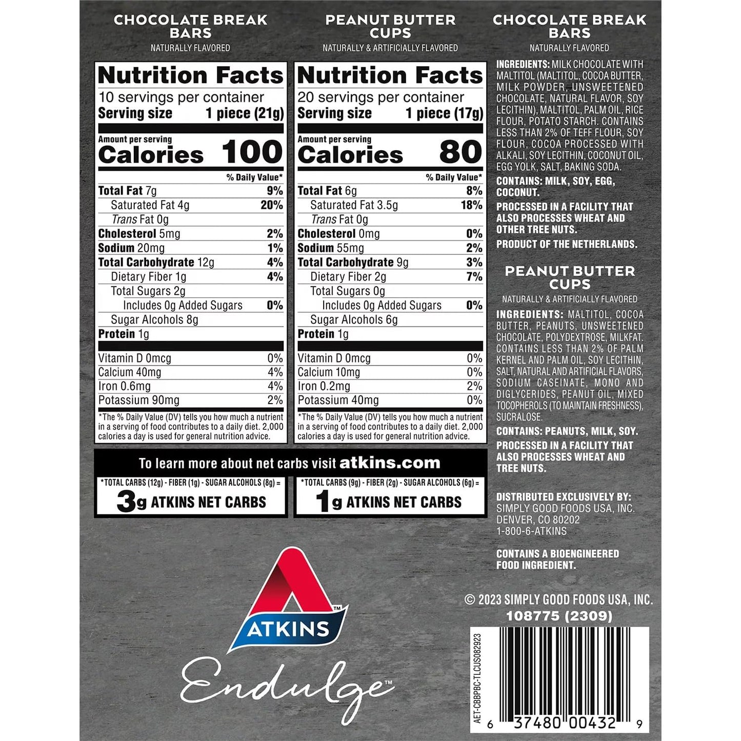 Atkins Endulge Peanut Butter Cup Chocolate Break Bar Variety Pack (30 Count)