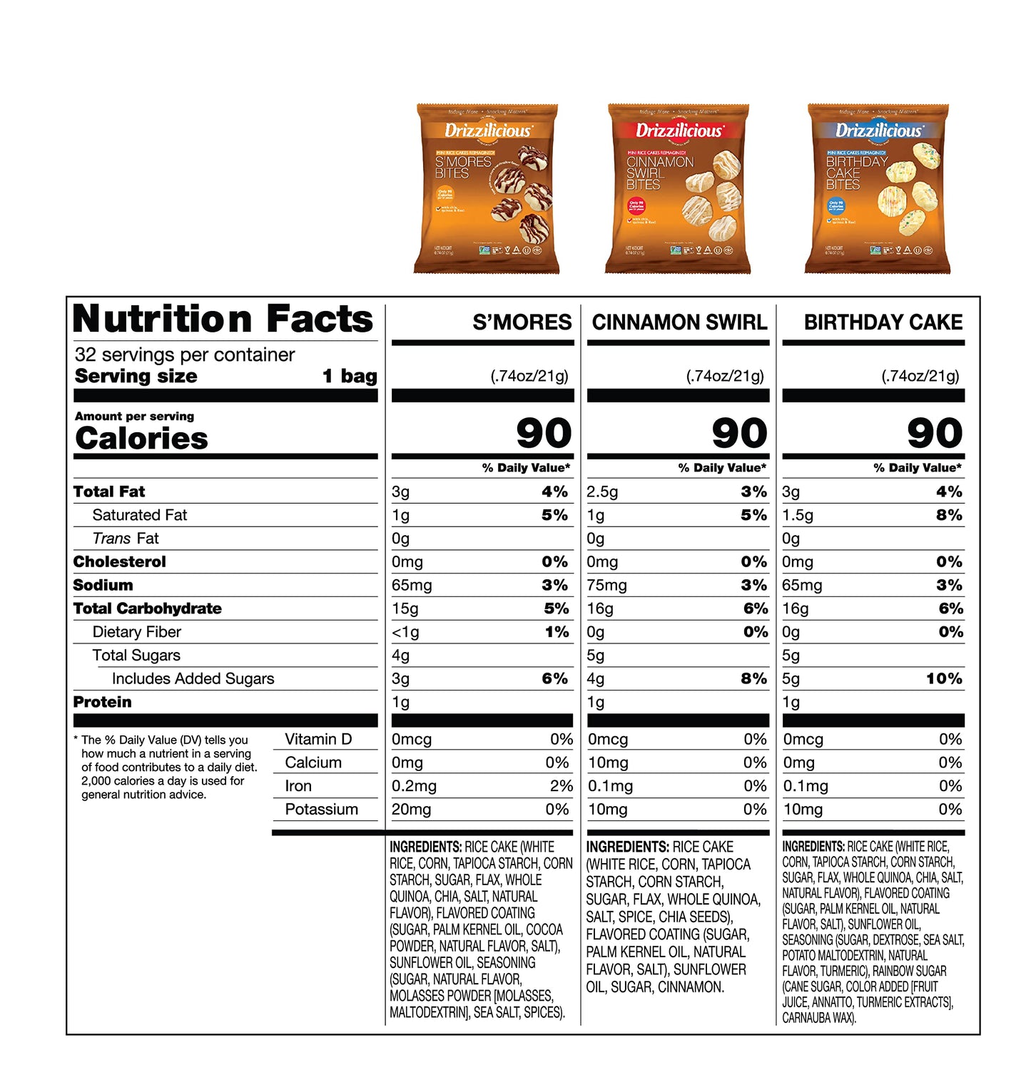 Drizzilicious Variety Pack .74oz 32 count | S'mores, Cinnamon Swirl and Birthday Cake | Mini Snack Chocolatey Rice Cakes | Vegan Air Popped Chia, Quinoa, Flax Snack �