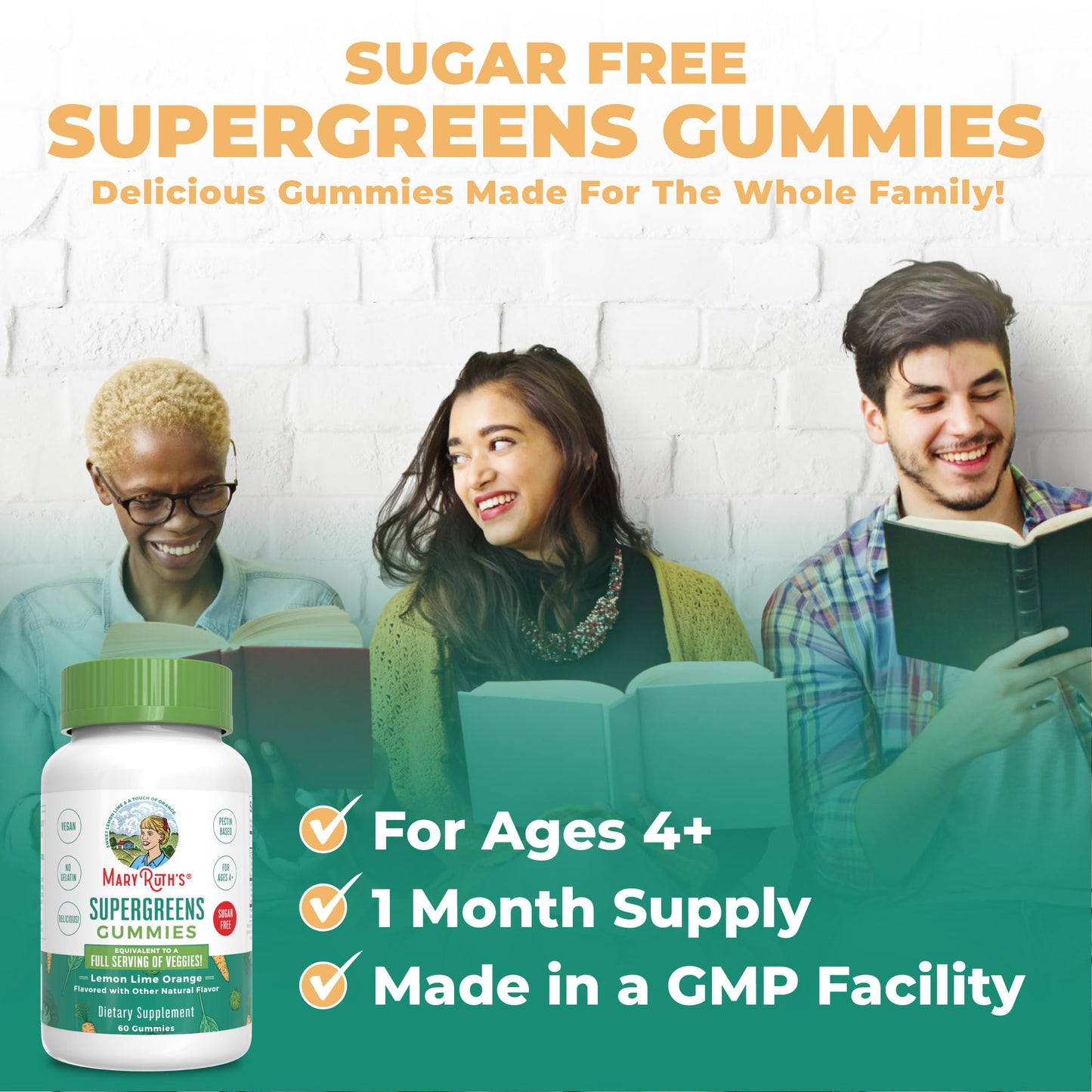 MaryRuth's Super Greens Gummies | with Naturally-Occurring Quercetin for Adults and Kids Ages 4+ | Sugar Free | 2g Fiber Per Serving | Vegan | No Gelatin | Pectin Based | 60 Count | 30 Servings