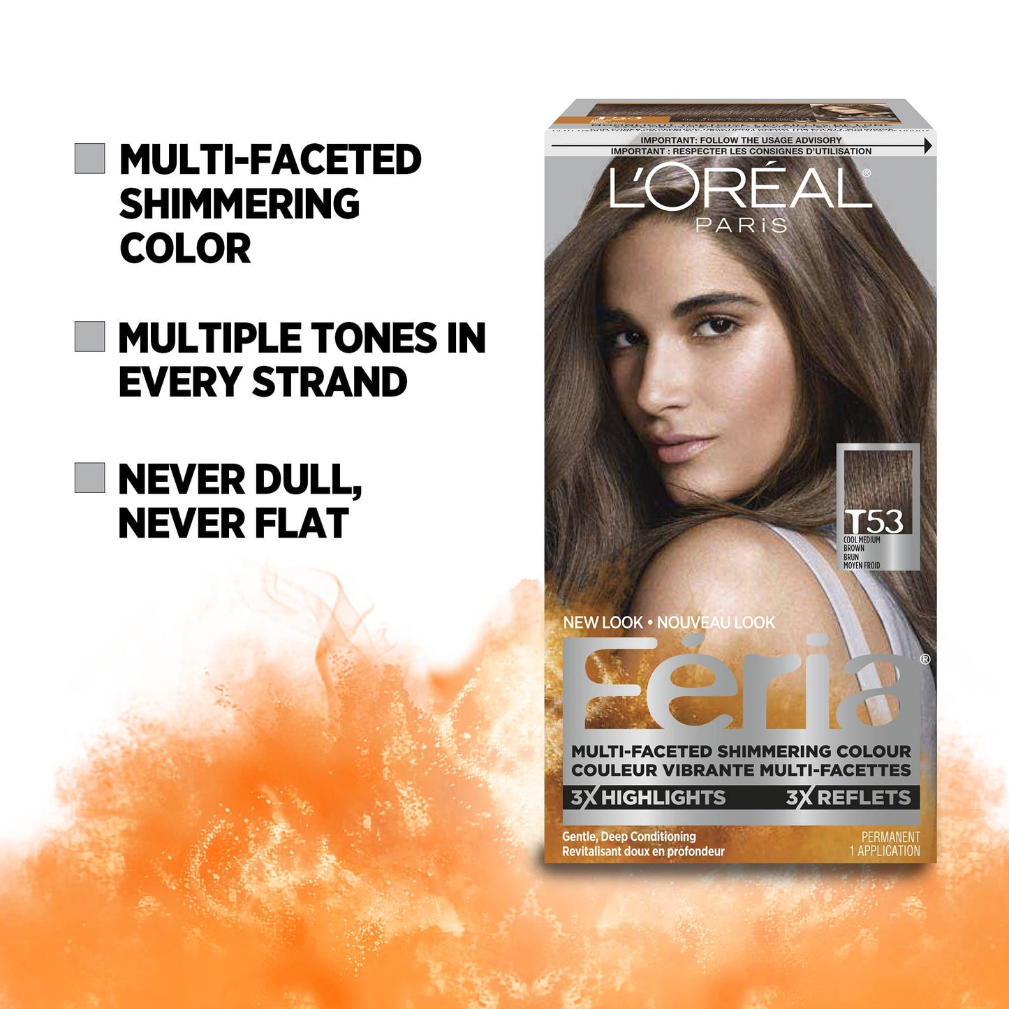 L'Oreal Paris Feria Multi-Faceted Shimmering Permanent Hair Color, T53 Moonlit Tortoise (Cool Medium Brown), Pack of 1, Hair Dye