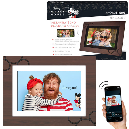 Disney Classic Mickey Mouse Photoshare 10� WiFi Digital Photo Frame | Send Photo or Video from Phone to Digital Picture Frame with Free PhotoShare Frame v2 app | End-to-End Encryption | Espresso Wood