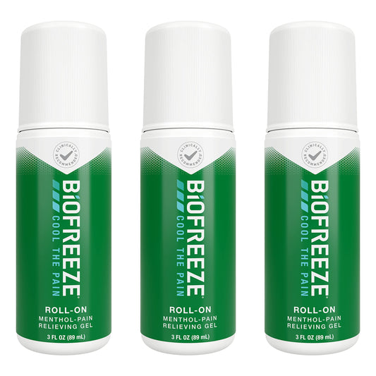 Biofreeze Roll-On Pain-Relieving Gel 3 FL OZ, Green (Pack Of 3) Topical Pain Reliever For Muscles And Joints From Arthritis, Backache, Strains, Bruises, & Sprains (Package May Vary)