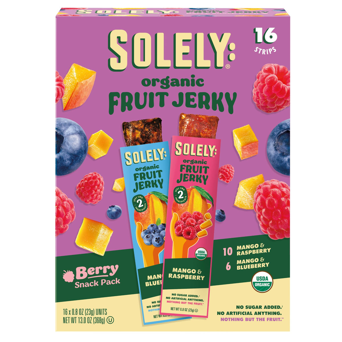 SOLELY - Variety Pack - Organic Berries Fruit Jerky - Real Fresh Fruit Strips - Healthy Snacks for Adults & Kids - Non GMO, Vegan Snacks, Shelf Stable - 16 Strips (0.8 oz)