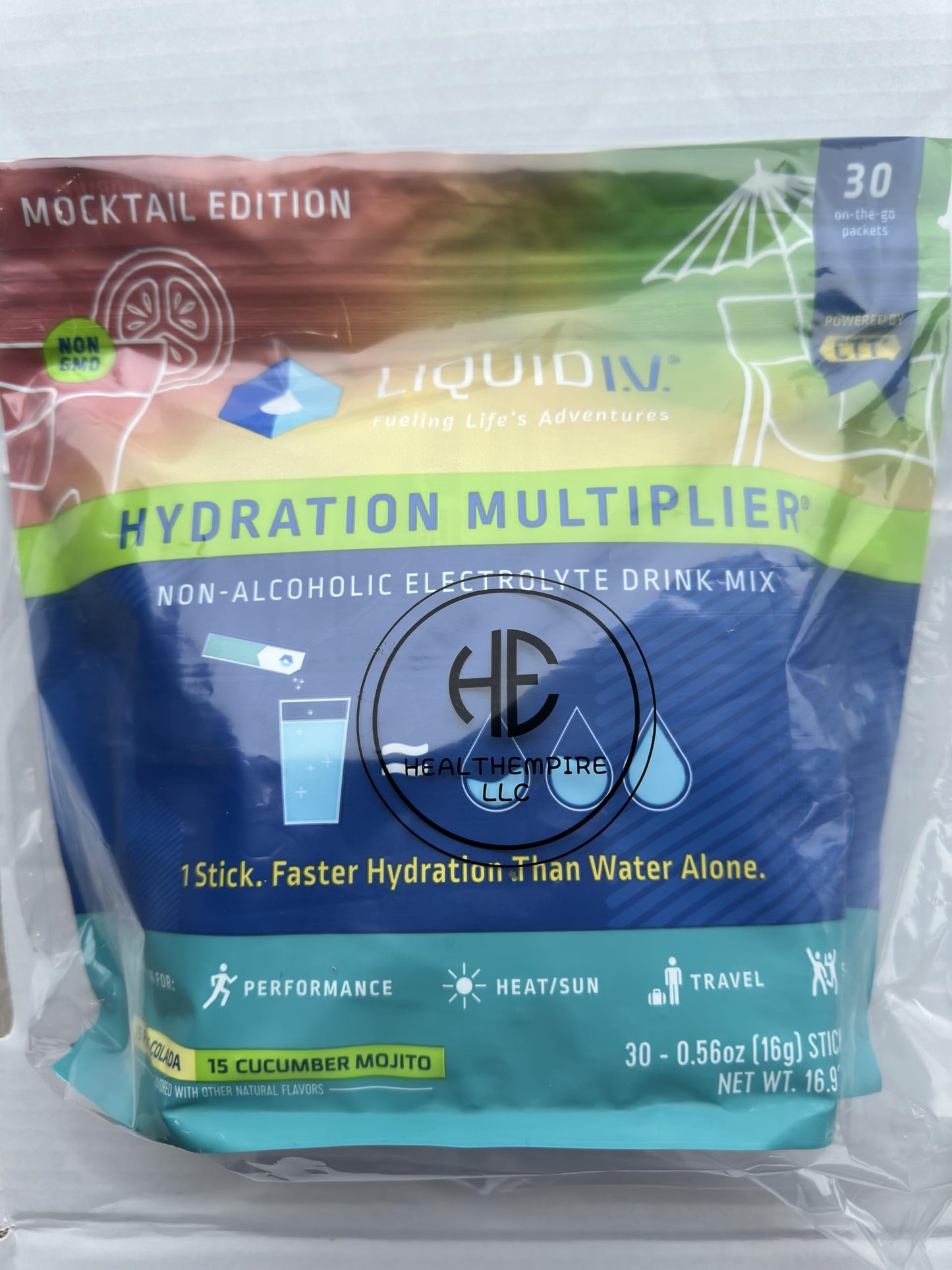 Liquid I.V. Hydration Multiplier, 30 Individual Serving Stick Packs in Resealable Pouch, Mocktail Variety Pack (15 Pina Colada & 15 Cucumber Mojito) Packed with HealthEmpire Poly Bag