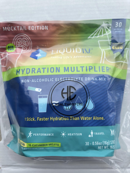 Liquid I.V. Hydration Multiplier, 30 Individual Serving Stick Packs in Resealable Pouch, Mocktail Variety Pack (15 Pina Colada & 15 Cucumber Mojito) Packed with HealthEmpire Poly Bag