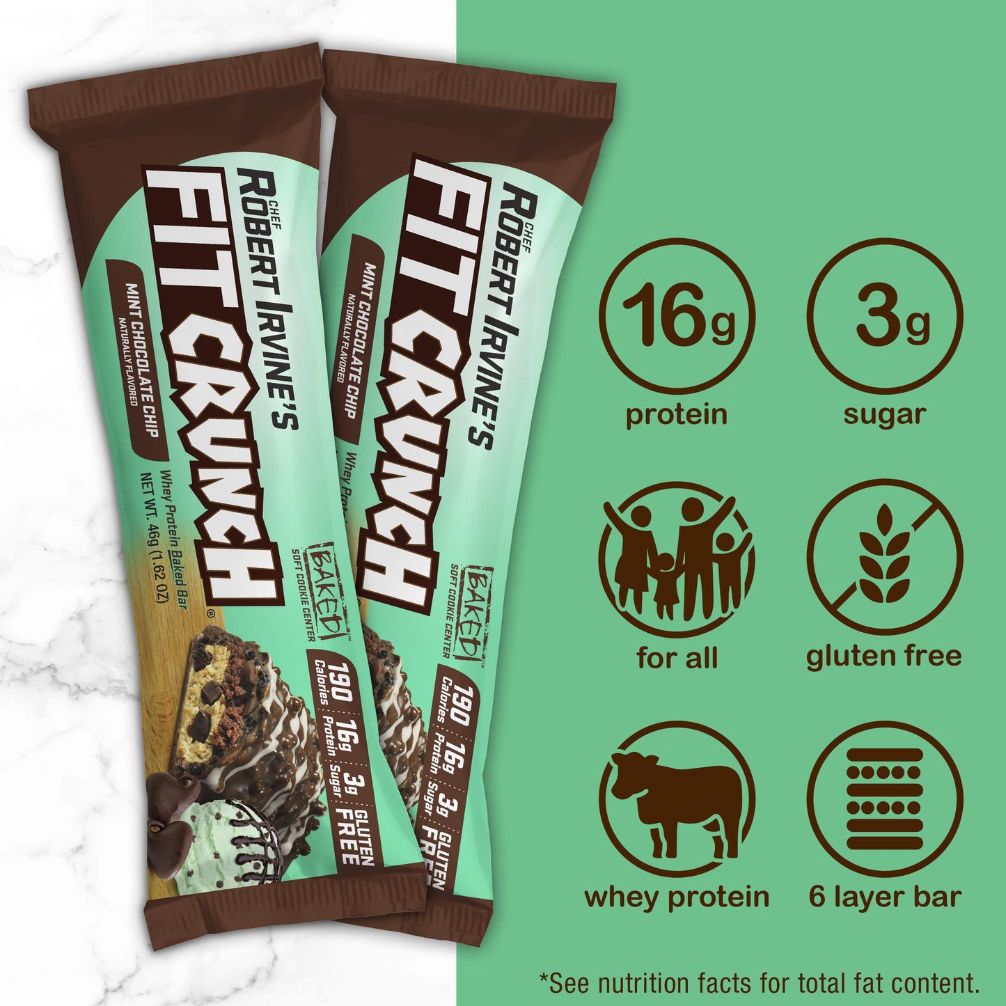 FITCRUNCH Snack Size Protein Bars, Designed by Robert Irvine, 6-Layer Baked Bar, 3g of Sugar & Soft Cake Core (18 Bars, Mint Chocolate Chip)