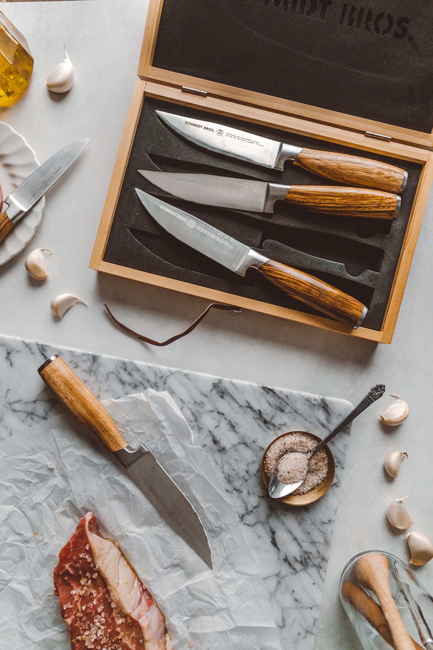 Schmidt Brothers - Zebra Wood 4-Piece Jumbo Steak Knife Set, High-Carbon German Stainless Steel Cutlery in a Wood Gift Box