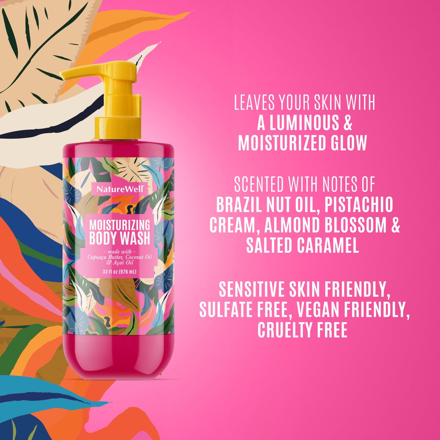 NATURE WELL Moisturizing Body Wash, Creamy Formula Provides Gentle Cleansing & Intense Hydration, Deliciously Sweet and Warm Brazilian Nut Scent, 33 oz