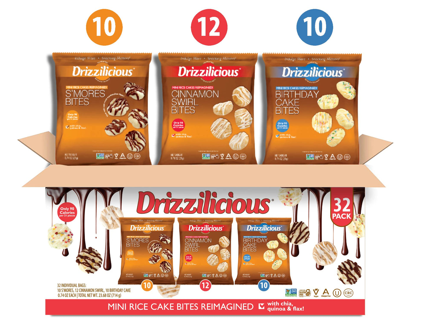 Drizzilicious Variety Pack .74oz 32 count | S'mores, Cinnamon Swirl and Birthday Cake | Mini Snack Chocolatey Rice Cakes | Vegan Air Popped Chia, Quinoa, Flax Snack �