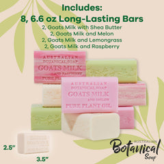 Australian Botanical Soap Goat Milk Soap Collection, 6.6 oz Bars, Goats Milk with Shea, Pink Melon, Lemongrass, and Raspberry, Organic African Shea Butter, 2 Bars of Each - Variety Pack of 8