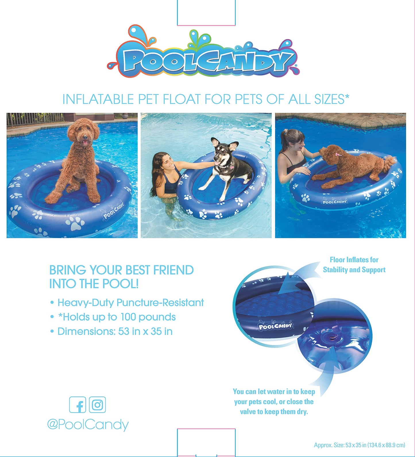 PoolCandy Inflatable Pet Float - Easy Set Up Doggy Pool Floats (Up-to 100LB PAW Large)