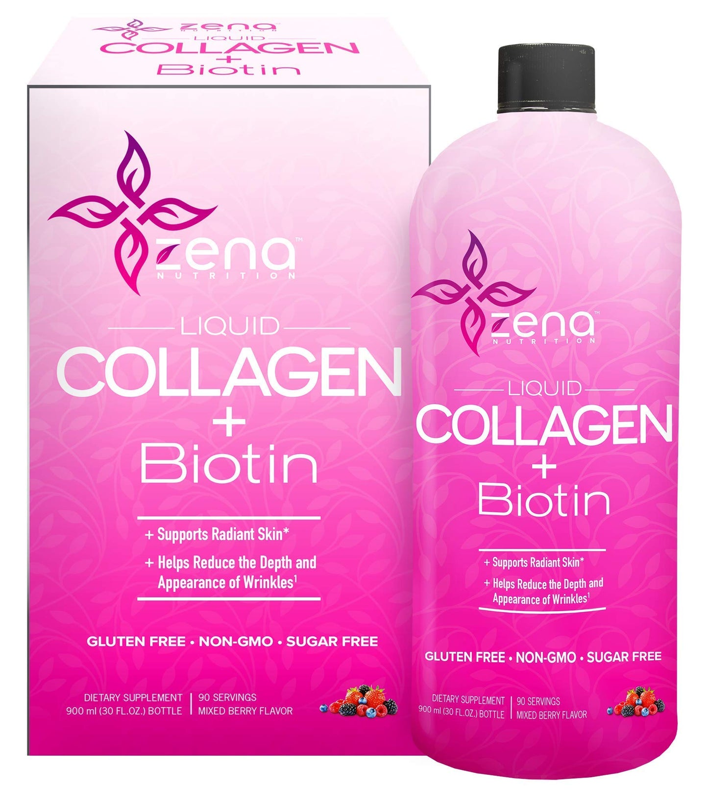 Zena Liquid Collagen + Biotin, 2500mg of Bioactive Collagen Peptides and 5000mcg Biotin, Verisol Formula, Hair, Skin, Nail and Joint Support, Grass-Fed, Non-GMO, Mixed Berry Flavor, 90 Servings