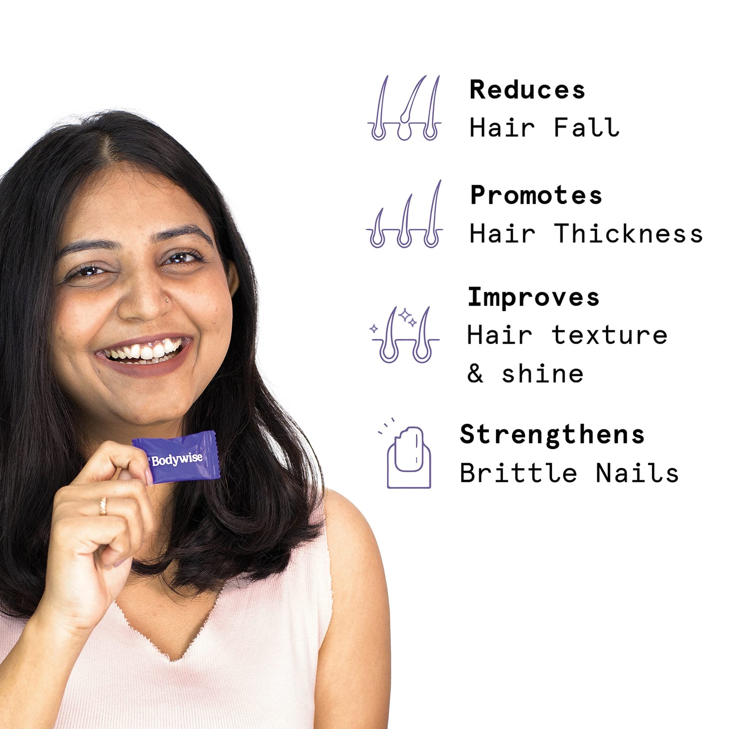 Bodywise Biotin Hair Gummies | Individually Wrapped | Biotin 10000mcg Supplement | Formulated for Women | Vegan, No Added Sugar | 1 Month Pack