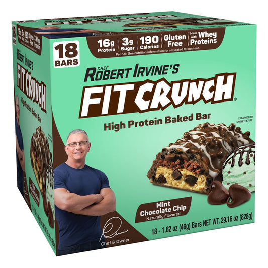 FITCRUNCH Snack Size Protein Bars, Designed by Robert Irvine, 6-Layer Baked Bar, 3g of Sugar & Soft Cake Core (18 Bars, Mint Chocolate Chip)
