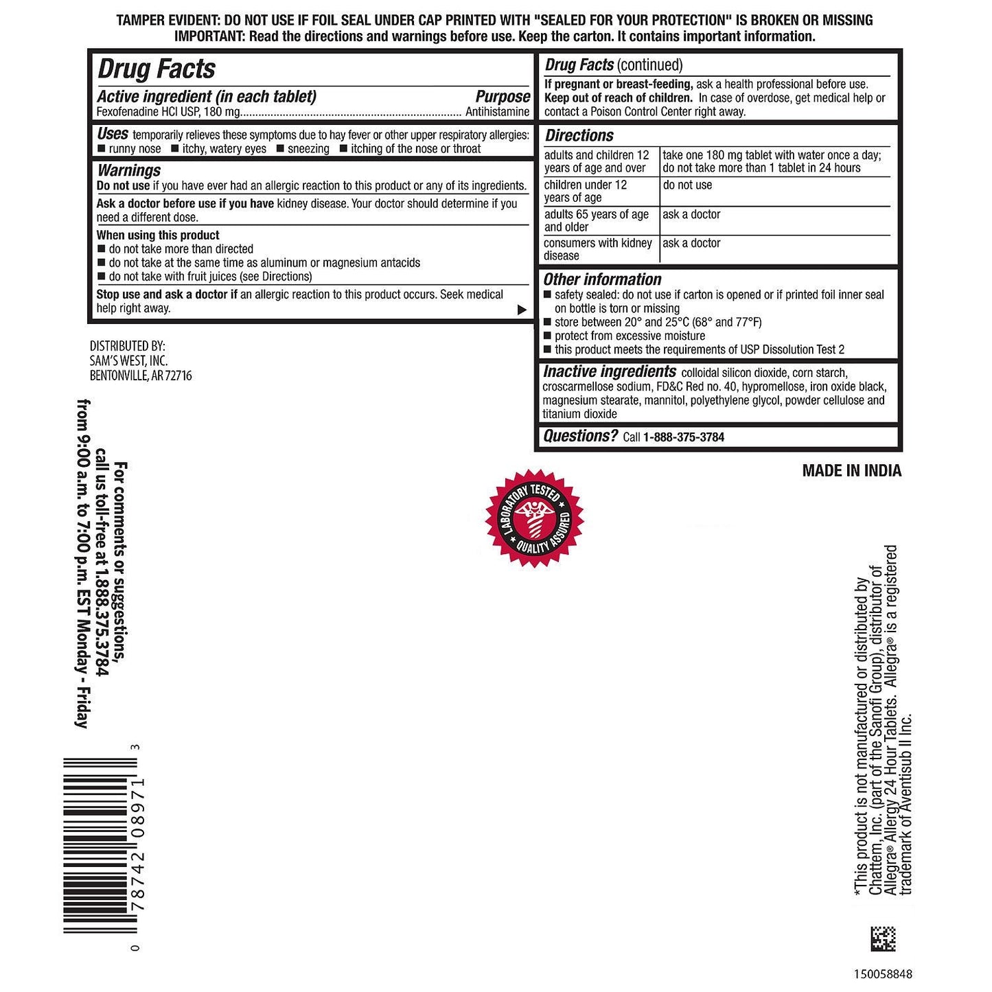 Member's Mark Original Prescription Strength Fexofenadine Hydrochloride , 180 Mg, 120 Tablets