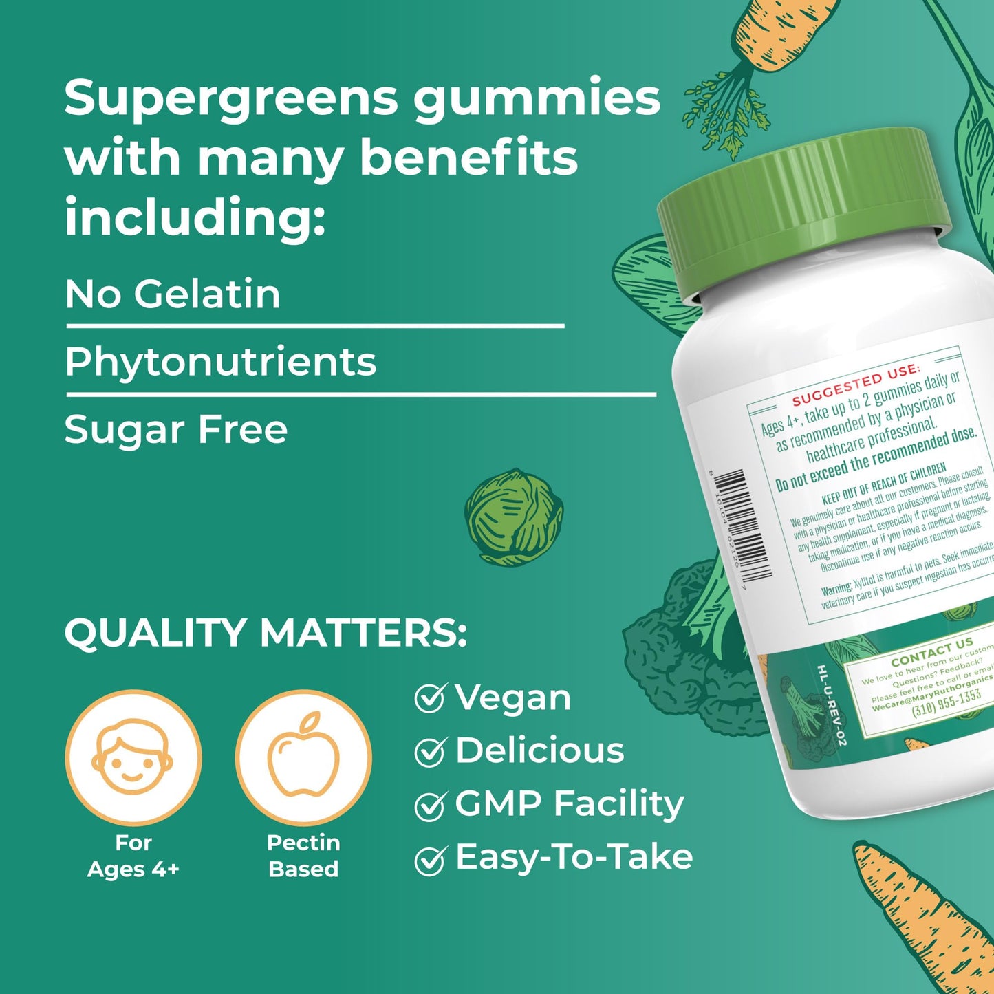 MaryRuth's Super Greens Gummies | with Naturally-Occurring Quercetin for Adults and Kids Ages 4+ | Sugar Free | 2g Fiber Per Serving | Vegan | No Gelatin | Pectin Based | 60 Count | 30 Servings