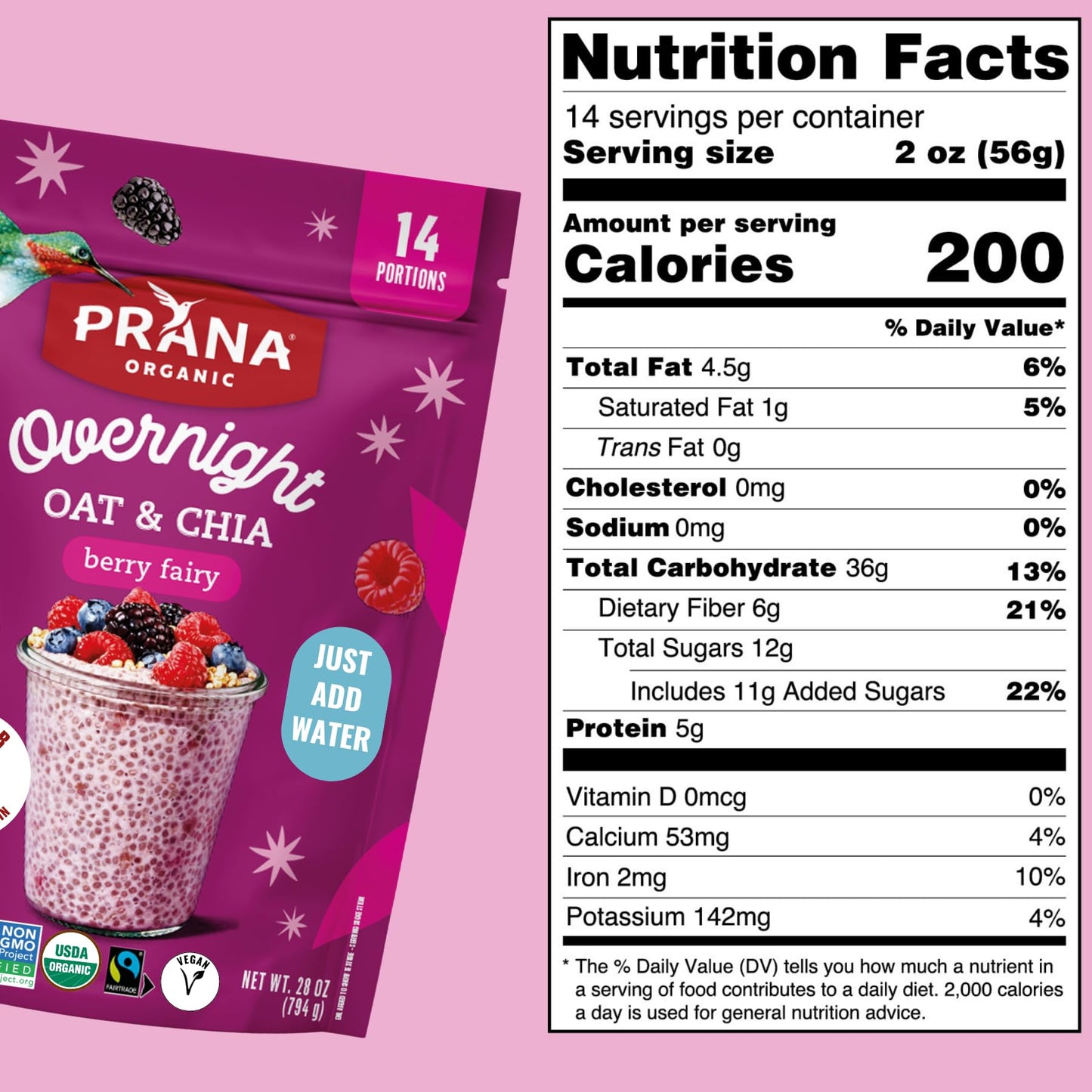 Prana Overnight Chia with Oats Berry Fairy | Rich in Fiber & Protein, Vegan, Non-GMO | Ready to Eat Breakfast - 28 oz Bags - 2 Pack