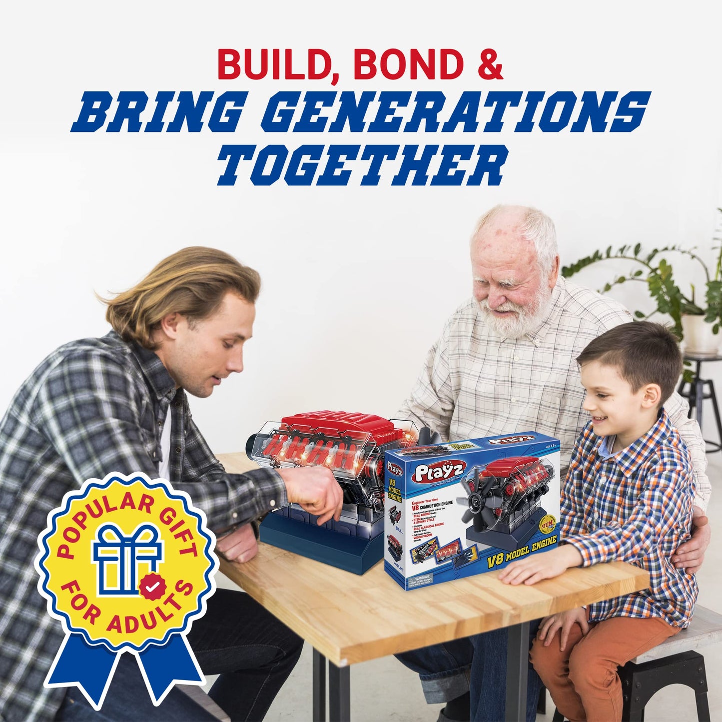 Playz V8 Combustion Engine Model Kit That Runs - Build Your Own STEM Mini V8 Model Engine Kit for Adults & Kids Age 12+, Visible V8 Mini Engine Kit That Works for Adult w/ 270 STEM Parts
