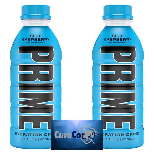 Prime-Hydration Drink - Two (2) Bottles of 16.9Fl oz Sports Drink and Electrolyte Beverage, plus CureCor Collective Sticker! (Blue Raspberry)