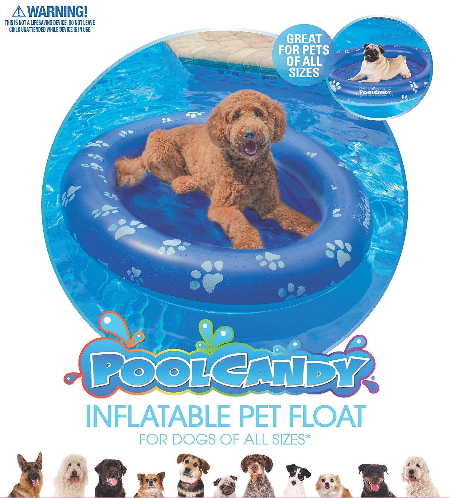 PoolCandy Inflatable Pet Float - Easy Set Up Doggy Pool Floats (Up-to 100LB PAW Large)
