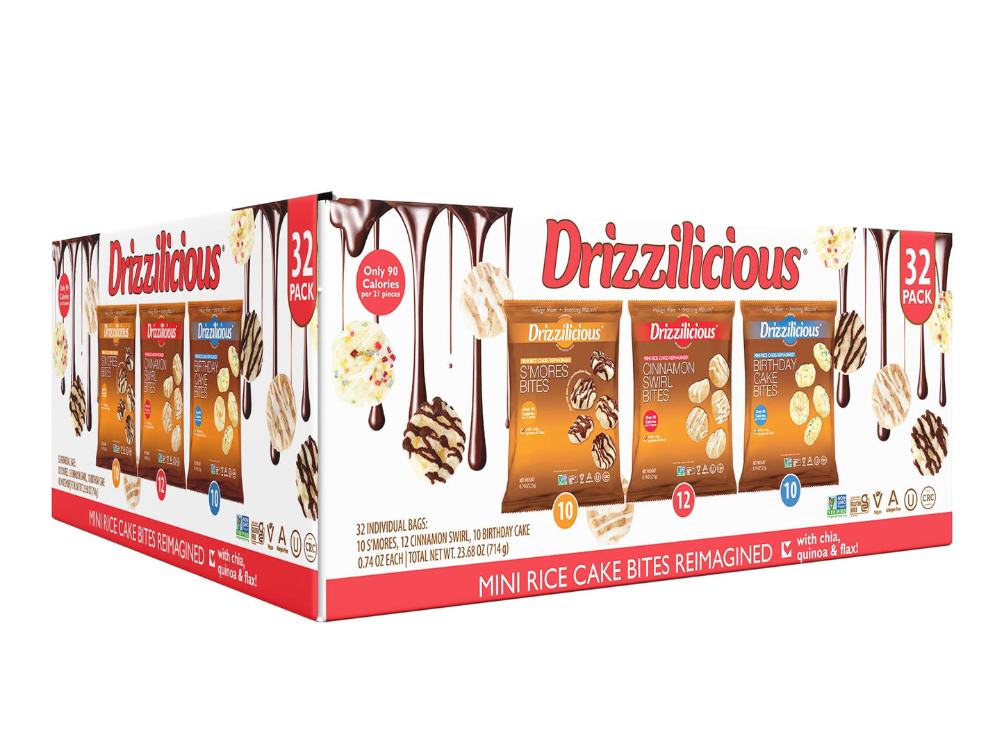Drizzilicious Variety Pack .74oz 32 count | S'mores, Cinnamon Swirl and Birthday Cake | Mini Snack Chocolatey Rice Cakes | Vegan Air Popped Chia, Quinoa, Flax Snack �