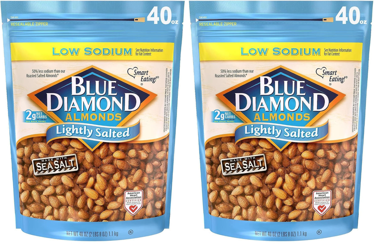 Blue Diamond Almonds Low Sodium Lightly Salted Snack Nuts, 40 Oz Resealable Bag (Pack of 2)