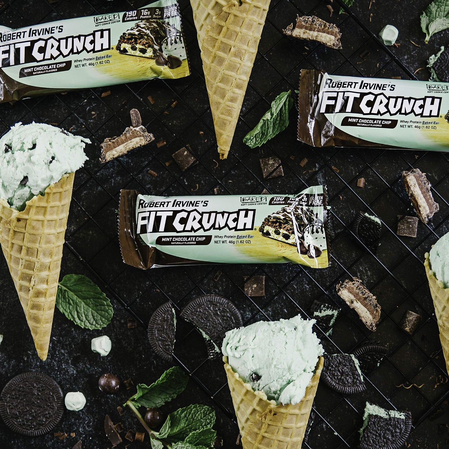 FITCRUNCH Snack Size Protein Bars, Designed by Robert Irvine, 6-Layer Baked Bar, 3g of Sugar & Soft Cake Core (18 Bars, Mint Chocolate Chip)