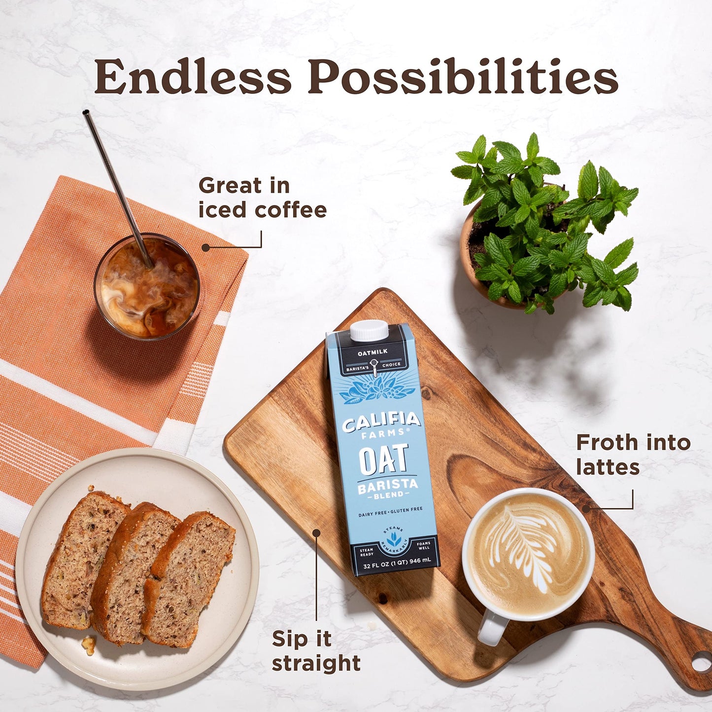 Califia Farms - Oat Barista Blend Oat Milk, 32 Oz (Pack of 6), Shelf Stable, Dairy Free, Plant Based, Vegan, Gluten Free, Non GMO, High Calcium, Milk Frother, Creamer, Oatmilk