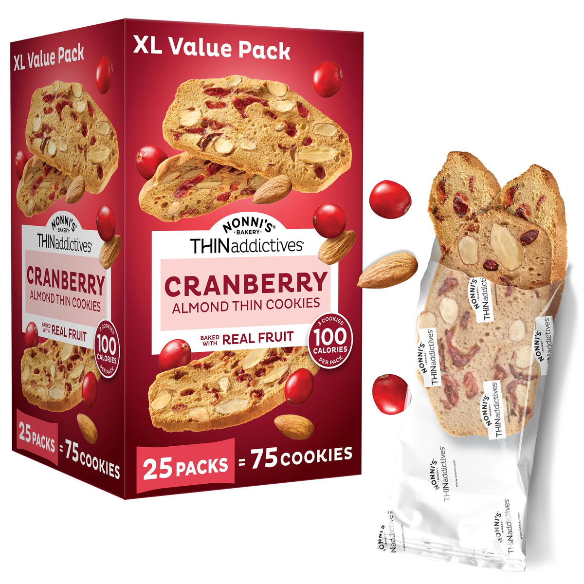 Nonni's THINaddictives Cranberry Thin Cookies with Real Fruit, 25 Packs
