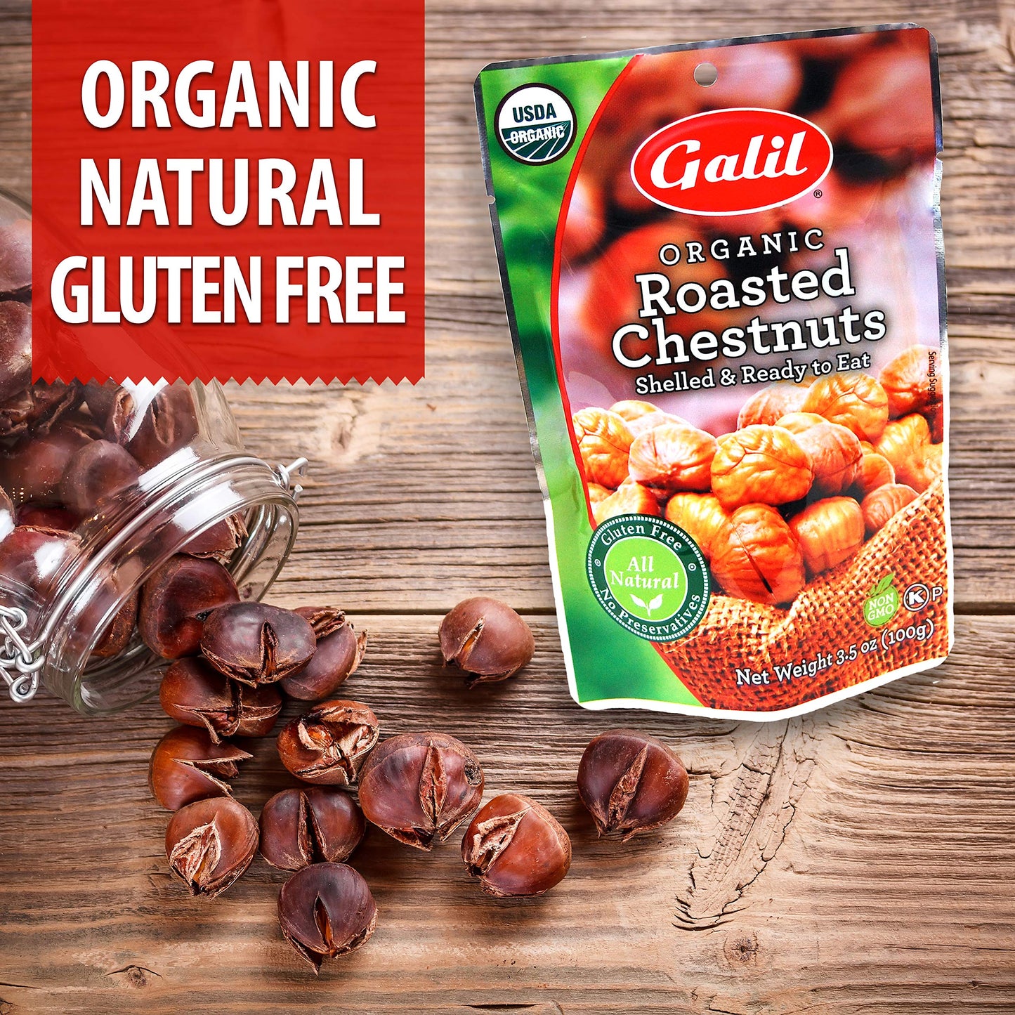 Galil Organic Roasted Chestnuts - 3.5 Oz Bags (Pack Of 6) - Shelled - Ready To Eat Snack, Gluten Free, All Natural, No Preservatives - Great for Snacking, Baking & Cooking - 100% Vegan