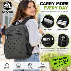 Crocs Backpack Black Laptop School Book Bag Large Zip Pockets Padded Straps NWT