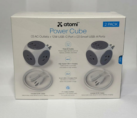 Atomi Power Cube 2-Pack � 3AC Outlets + 3 Smart USB Ports(2 USB-A & 1 USB-C) + 5-ft. Cable