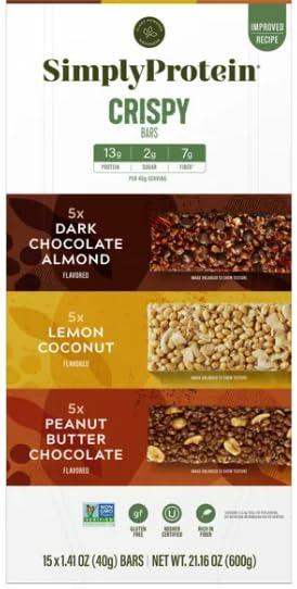 SimplyProtein Crispy Bars, 15 Bars, 21.16 oz, Variety Pack: 5 x Dark Chocolate Almond, 5 x Lemon Coconut, 5 x Peanut Butter Chocolate