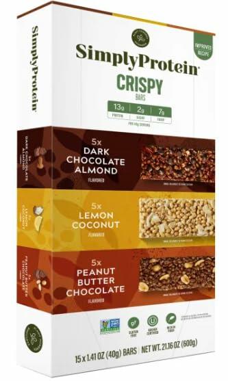 SimplyProtein Crispy Bars, 15 Bars, 21.16 oz, Variety Pack: 5 x Dark Chocolate Almond, 5 x Lemon Coconut, 5 x Peanut Butter Chocolate