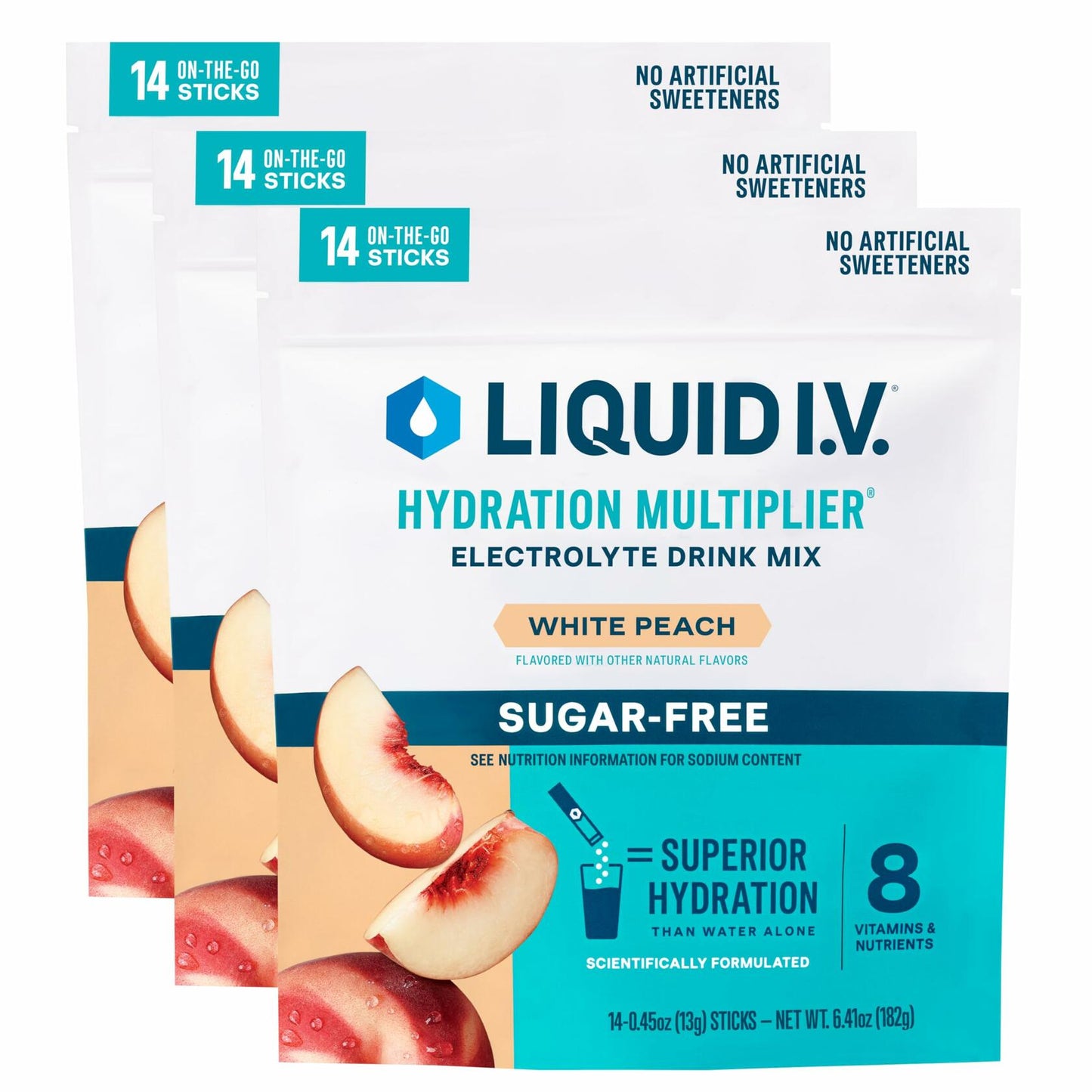 Liquid I.V.� Hydration Multiplier� Sugar-Free - White Peach - Hydration Powder Packets | Electrolyte Powder Drink Mix | Convenient Single-Serving Sticks | Non-GMO | 14 Servings (Pack of 3)