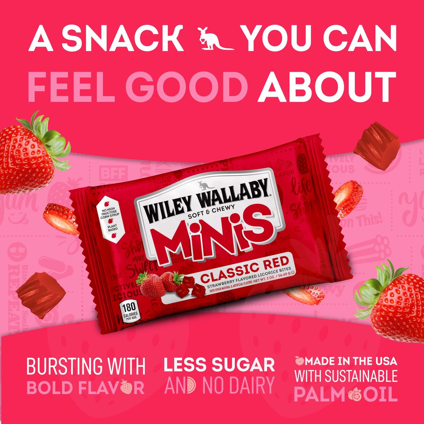 Wiley Wallaby Classic Red Mini Licorice Bites 3.5 Ounce Gourmet Soft & Chewy Australian Strawberry Licorice Candy Bags, 18 Pack