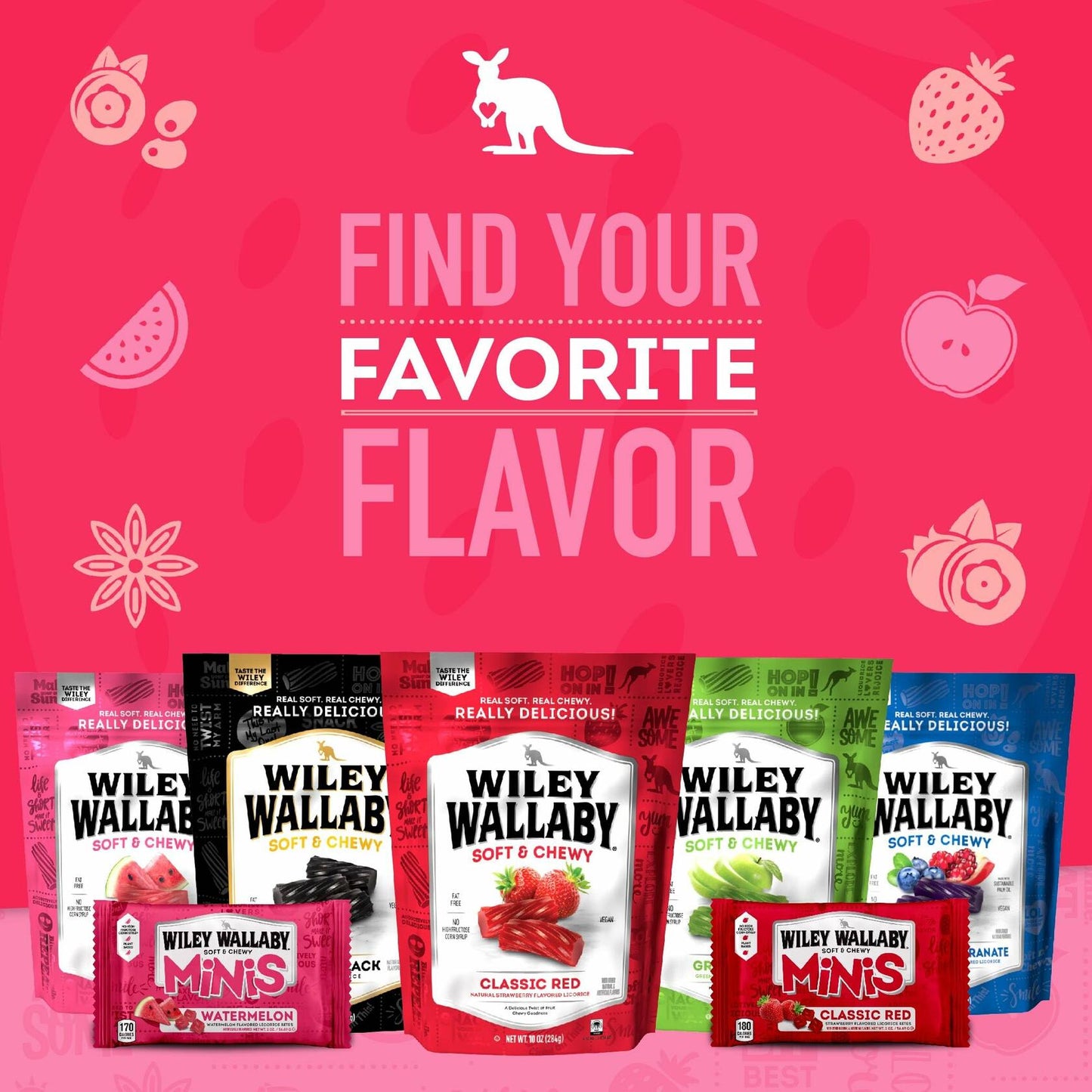 Wiley Wallaby Classic Red Mini Licorice Bites 3.5 Ounce Gourmet Soft & Chewy Australian Strawberry Licorice Candy Bags, 18 Pack