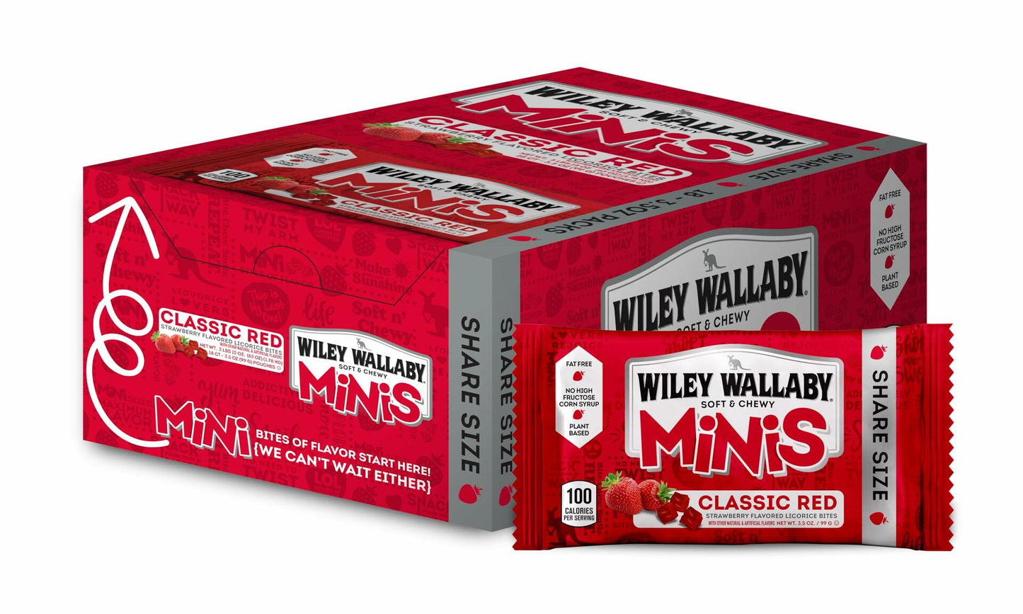 Wiley Wallaby Classic Red Mini Licorice Bites 3.5 Ounce Gourmet Soft & Chewy Australian Strawberry Licorice Candy Bags, 18 Pack