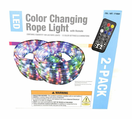LED Color Changing Rope Light with Remote 18ft Rope Lights (2-Pack)