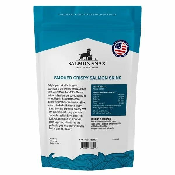 Salmon Snax Pet|Dog Treats Smoked Crispy Salmon Skin All Natural Atlantic Salmon Gluten Free Grain Free Rich in Omega-3 Reselable Bag (12 Oz)
