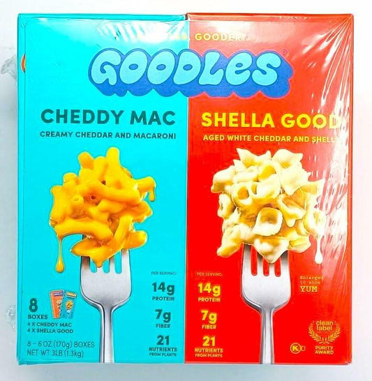 Goodles Mac & Cheese Variety Pack. 8 x 6 oz boxes. 4 Cheddy Mac & 4 Shella Good. 14g Protein, 6g Fiber with Prebiotics, 21 Plant-Based Nutrients and Made with Real Cheese.