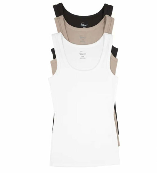 Felina Women's 3 Pack Ribbed Tank Tops (US, Alpha, Large, Regular, Regular, Black Multi (Black, Tan, White))