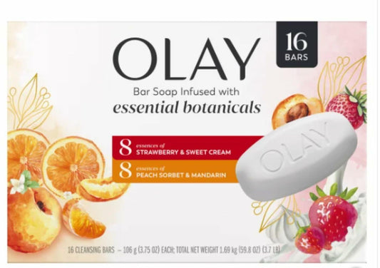Olay Botanical Bliss Bar Soap – 16 Pack (3.75 oz each) | Infused with Strawberry & Sweet Cream, Peach Sorbet & Mandarin