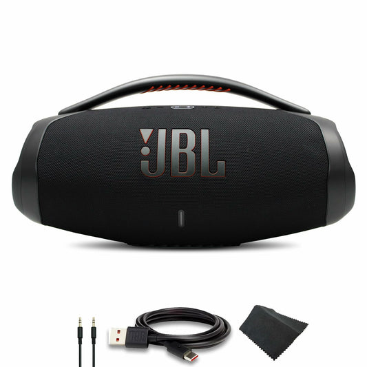 JBL Boombox 3 - Portable Bluetooth Speaker, IPX7 Waterproof, 24 Hours of Playtime (Black) (JBLBOOMBOX3BLKAM) + AUX Cable + USB-C Cable + Microfiber Cloth