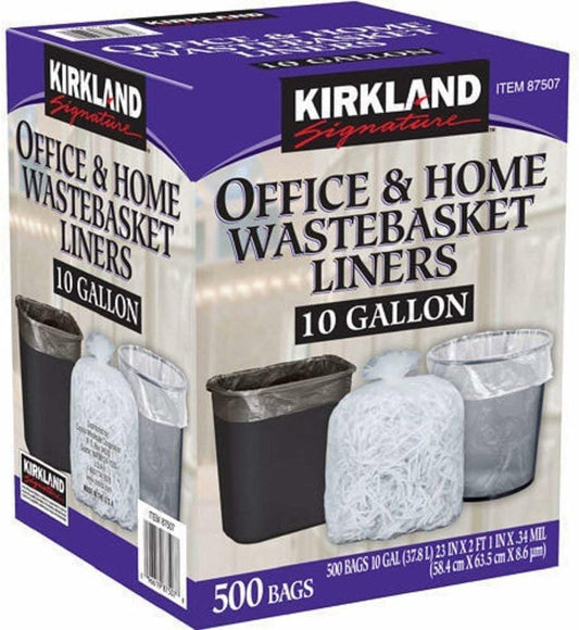 Kirkland Signature RutaVm 10 Gallon Clear Plastic Trash Bags, 23 x 25 Inches, 0.34 Mil, 125/Roll, 4 Rolls/Case (500 Bags Total, bulk packaging)